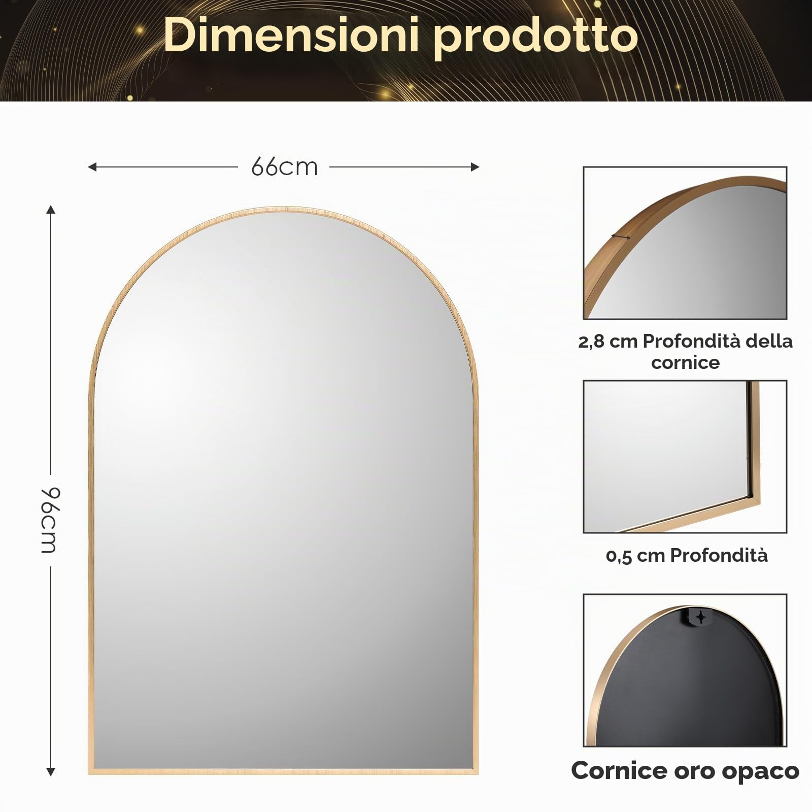Clevich Specchio da parete ad arco con oro, 96x66 cm, Decorativo da parete ad arco semicircolare, Con cornice in alluminio spazzolato, per bagno, corridoio, soggiorno, camera da letto, Infrangibile