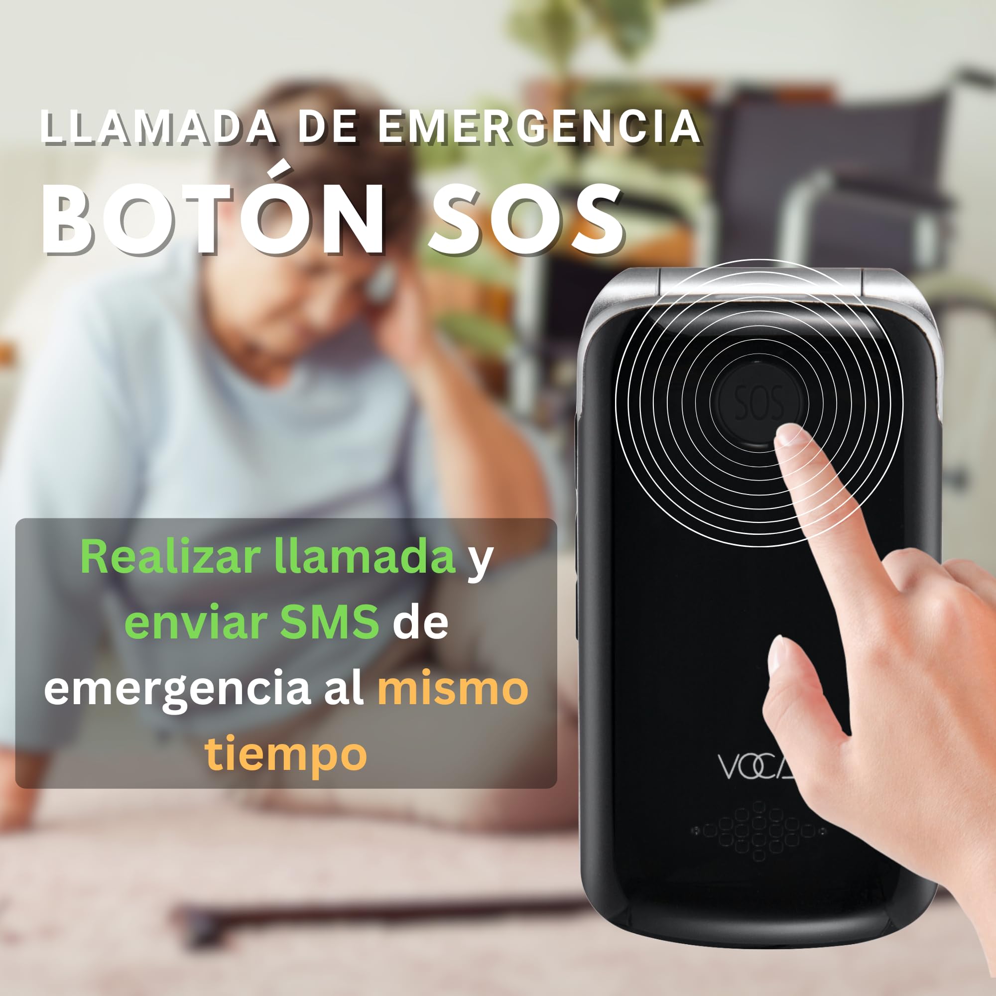 VOCA V543 Teléfono móvil de Tapa para Mayores, Botones y Teclas Grandes, Pantalla dual, 4G LTE, Volumen alto, Botón SOS | Compatibilidad con audífonos | Base de carga | Texto predictivo (Negro)