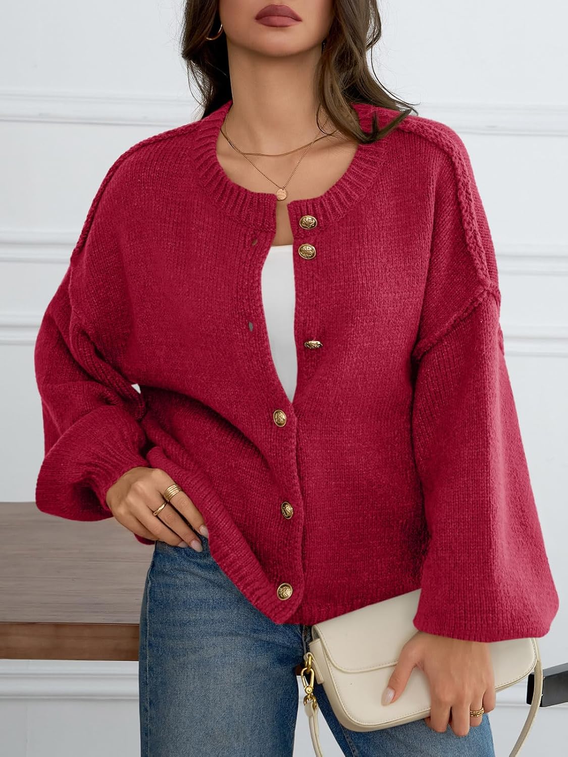 Saodimallsu Womens Oversized Cardigans Button Up Long Lantern Sleeve Chunky Knit Casual Soft Fall Sweater Coats - Image 3