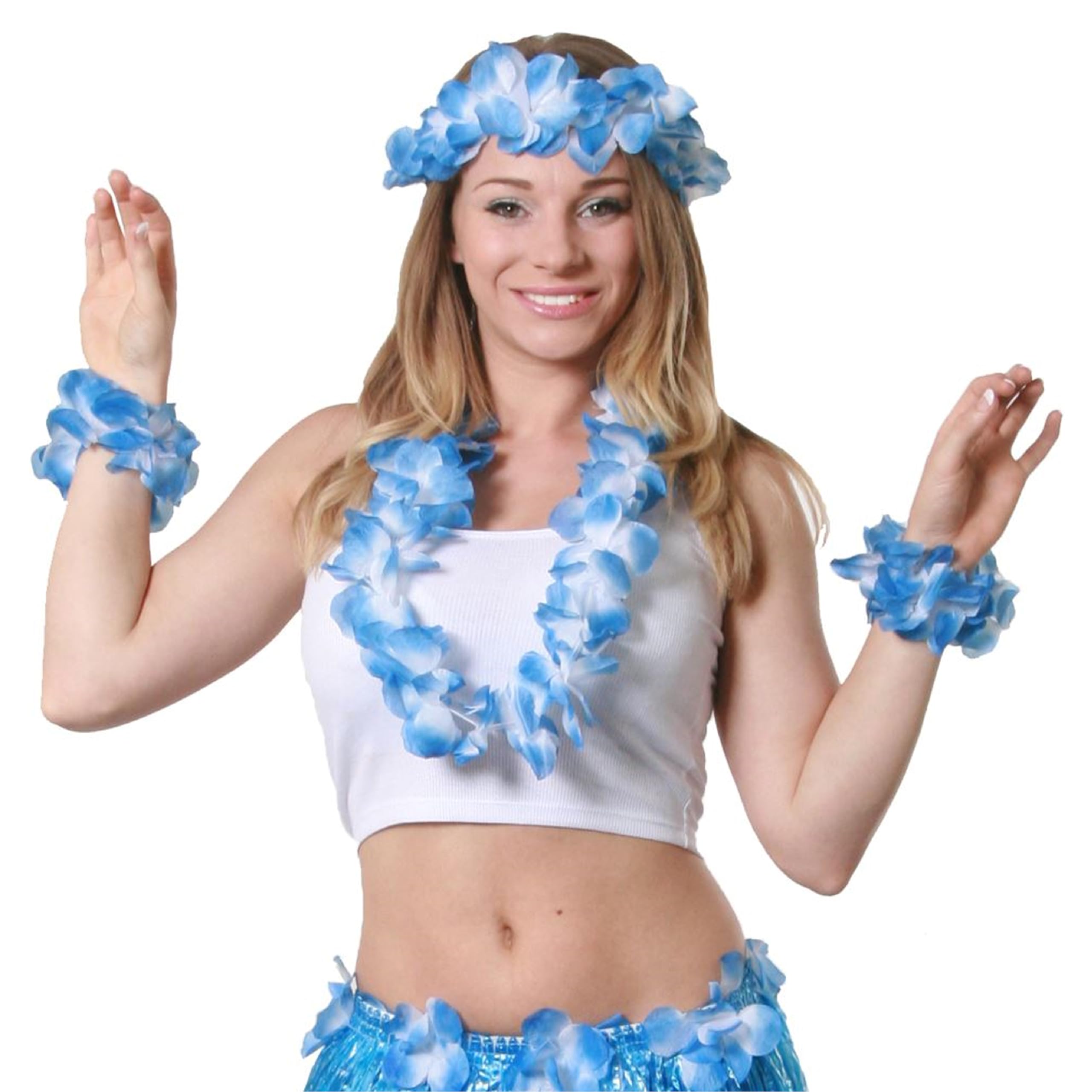 6 Piece Blue Hawaiian Flower Lei Set - 1x Flower Lei Necklace, 1x Floral Headband and 2x Flower Bracelets - Perfect for Summer & Hawaiian Fancy Dress - Pack of 12 — image 1