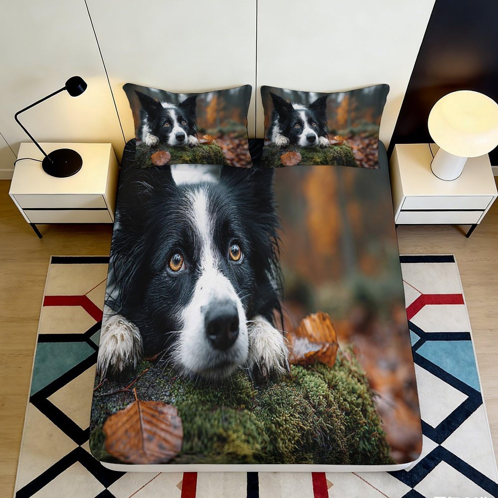 3D Printed Autumn Forest Border Collie Fitted Sheet Microfiber Mattress Cover for Bedroom Guest Room Decor 115 90x200x25cm