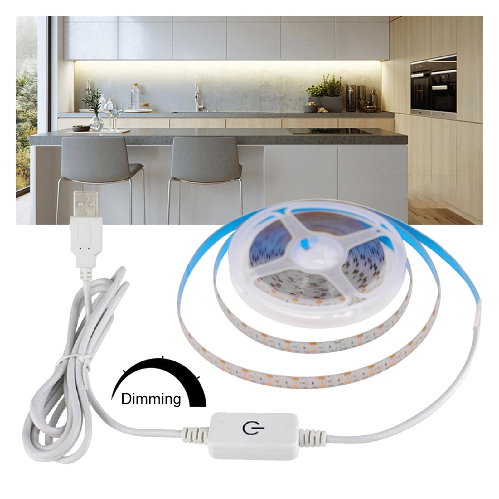 Tira de luces LED alimentada por USB DC5V 2835, cinta de luz Flexible con Control táctil regulable for TV, armario, cocina, retroiluminación nocturna(Green,WITH DIMMER SWITCH_5M_IP65 WATERPROOF)