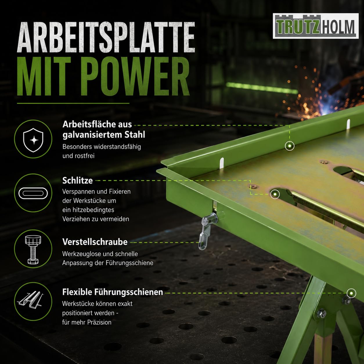 TRUTZHOLM mobiler Schweißtisch klappbar höhenverstellbar von 77-92 cm, 150 Kg, große Arbeitsplatte, stufenlose Neigung bis 90° Profi Werktisch Werkbank mit Rädern und Tragegriff, platzsparend