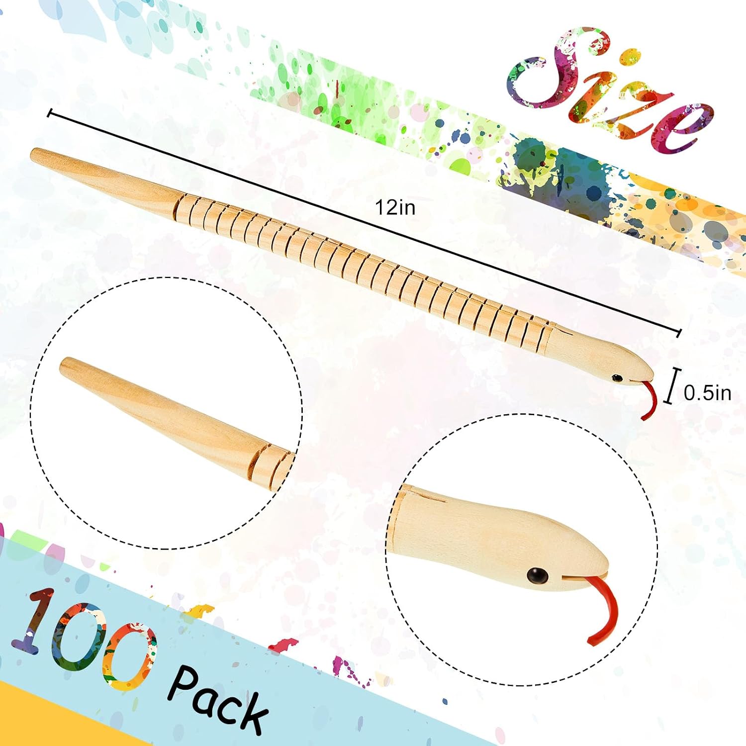 BBTO 100 Pieces Wooden Snake Bulk Jointed Flexible Unfinished Wooden Wiggly Snake with 12 Colors Acrylic Craft Paint and Paint Brush for Arts and Crafts Reptile Party Decoration