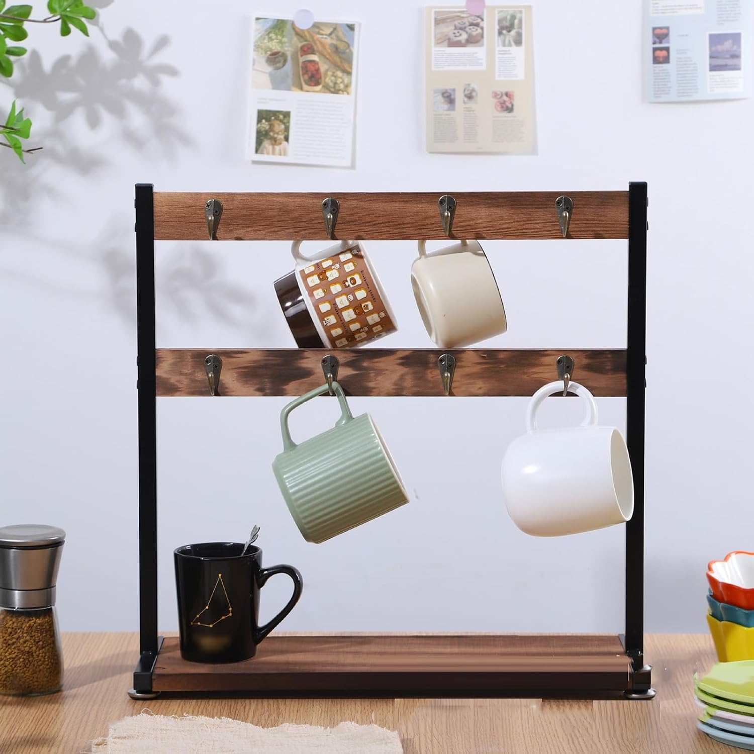 2-Tier Mug Hanger Hook Coffee Mug Holder Stand with Storage Base, Cup Storage Organizer for Home Kitchen Bar Counter Display Tea