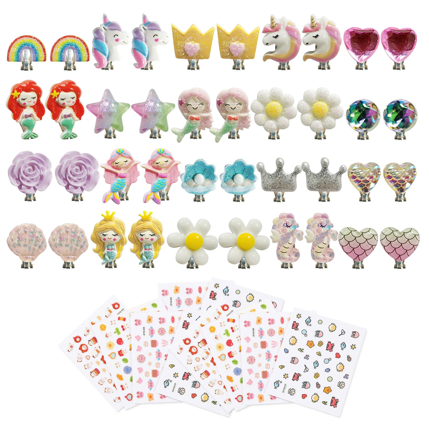 CYNOSURETECH 20 Pairs Of Cute Ear Clips And 10 Nail Decoration Stickers, Creative Cartoon Earrings, Children'S Earrings, Girls' Dress-Up Supplies
