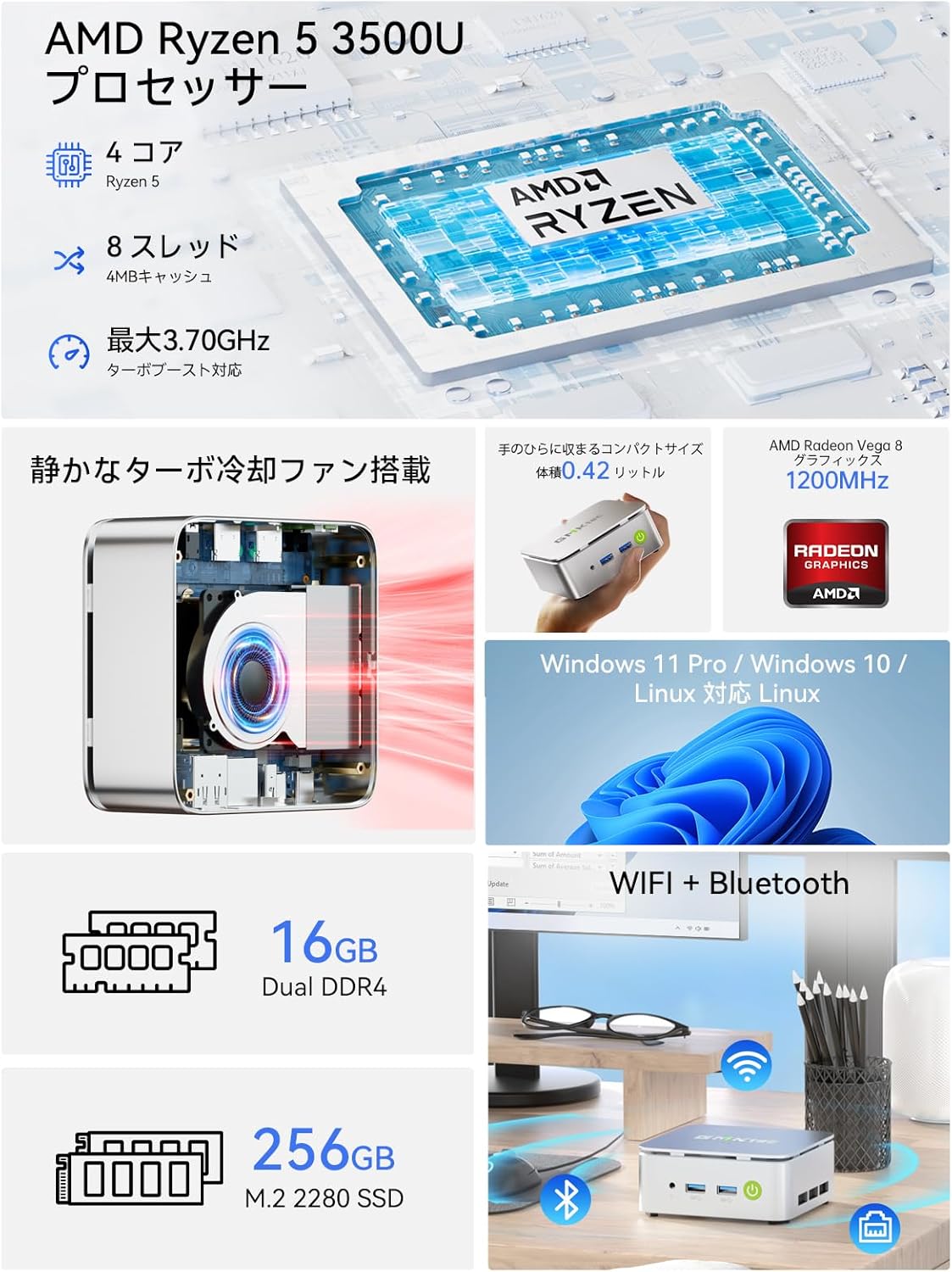 Diagram showing key features of the GMKtec G10 Mini PC including CPU, RAM, SSD, size, cooling, and operating systems.