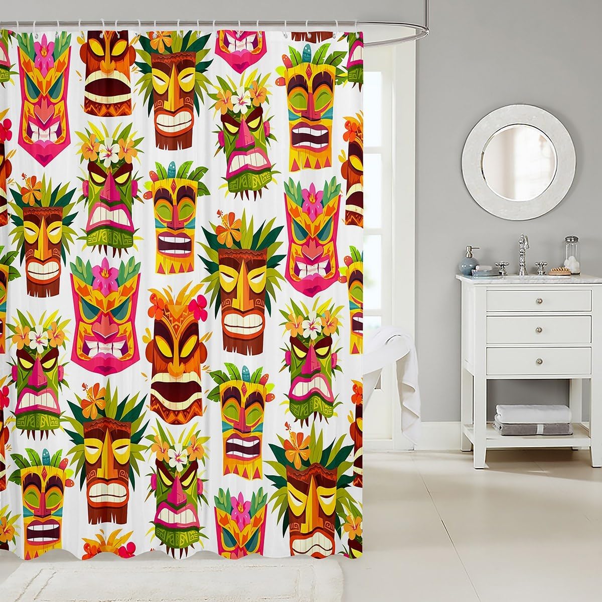 Tiki Bar Bathroom Shower Curtain Set Retro Inspired Shower Curtain Happy Hawaiian Party Bath Curtain for Kids Boys Girls Cute Colorful Tiki Pattern Waterproof Shower Curtain with Hooks 72x84 Inch