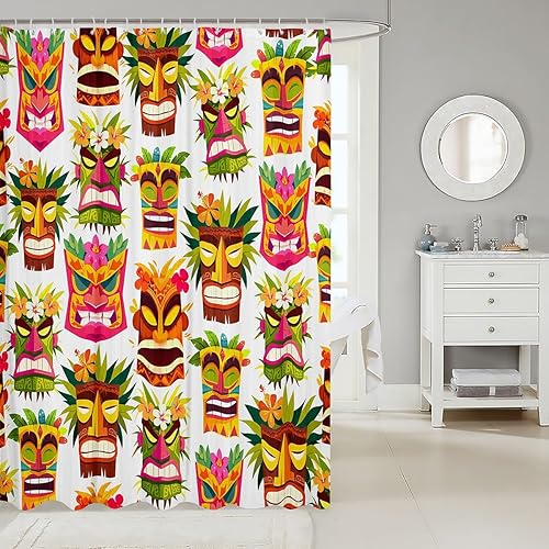 Miniatura 2 de Tiki Bar - Juego de cortina de ducha de inspiración retro, cortina de ducha para fiesta hawaiana feliz para niños y niñas, bonito patrón Tiki