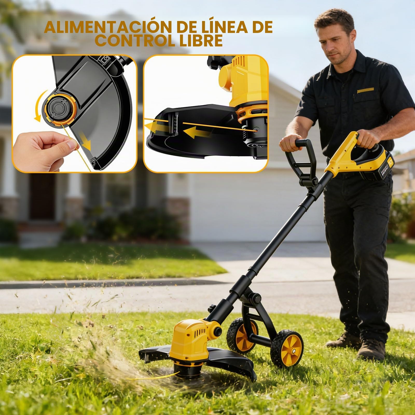 Desbrozadora Bateria con Ruedas, 21V Desbrozadora Electrica con 2 * 3.0 Ah Baterías, 800W Motor sin Escobillas, Ancho de Corte 36CM, Cortabordes Ligero 3 en 1 con 8 Bobinas de Recambio para Jardín