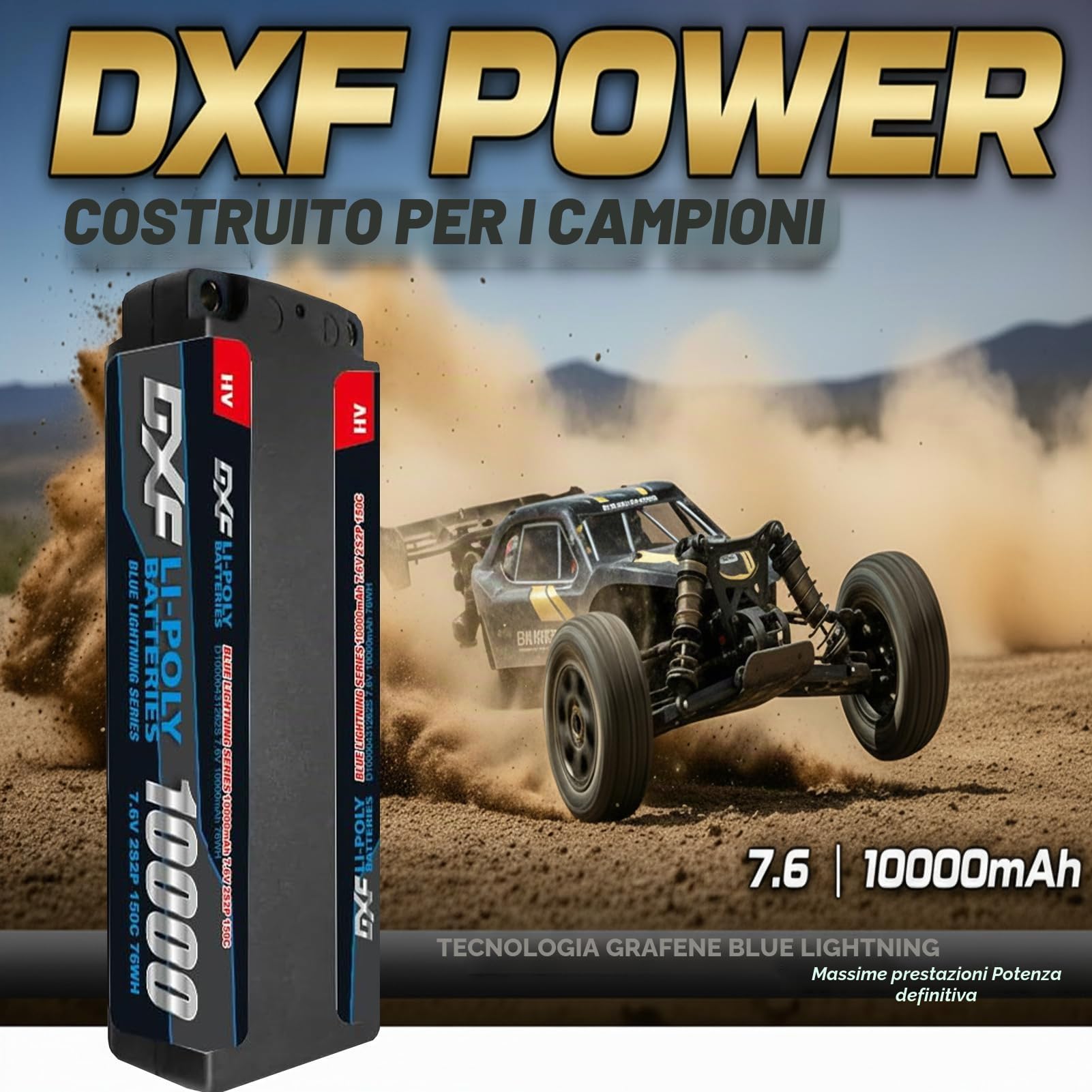 DXF Batteria LiPo 2S 7.6V 10000mAh 150C HV Bullet 5.0mm Spina T Auto RC 1/8 1/10 Truck Buggy Touring Drift Alta Capacità Lunga Durata Gare Racing Competizione Modellismo 2 Pezzi