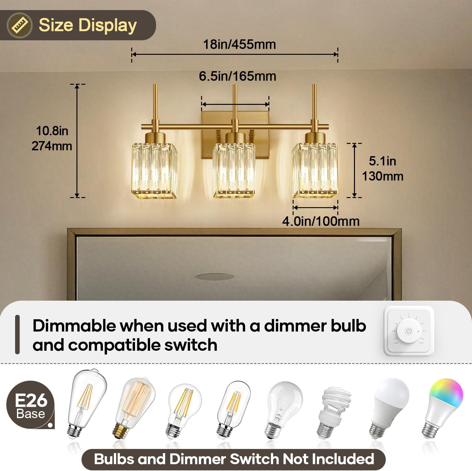 Torondo Modern Crystal Bathroom Vanity Light 3-Light Brushed Gold Bathroom Light Fixtures Over Mirror Brushed Gold Vanity Lighting Fixtures Square Shade Brass Wall Sconce (Bulbs Not Include)