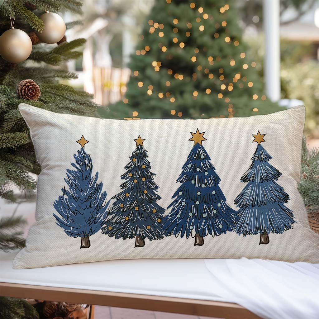 Blue Christmas Throw Pillow Cover 12x20 Christmas Tree Decorations image 5