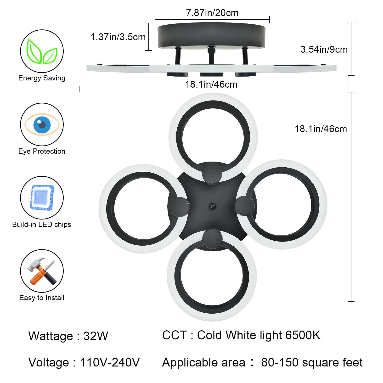 Hudi Fyier Modern LED Ceiling Light, 4 Rings Flush Mount Fixture, Black Close to Ceiling Lamp, 6500K for Bedroom Dining Room - Image 2