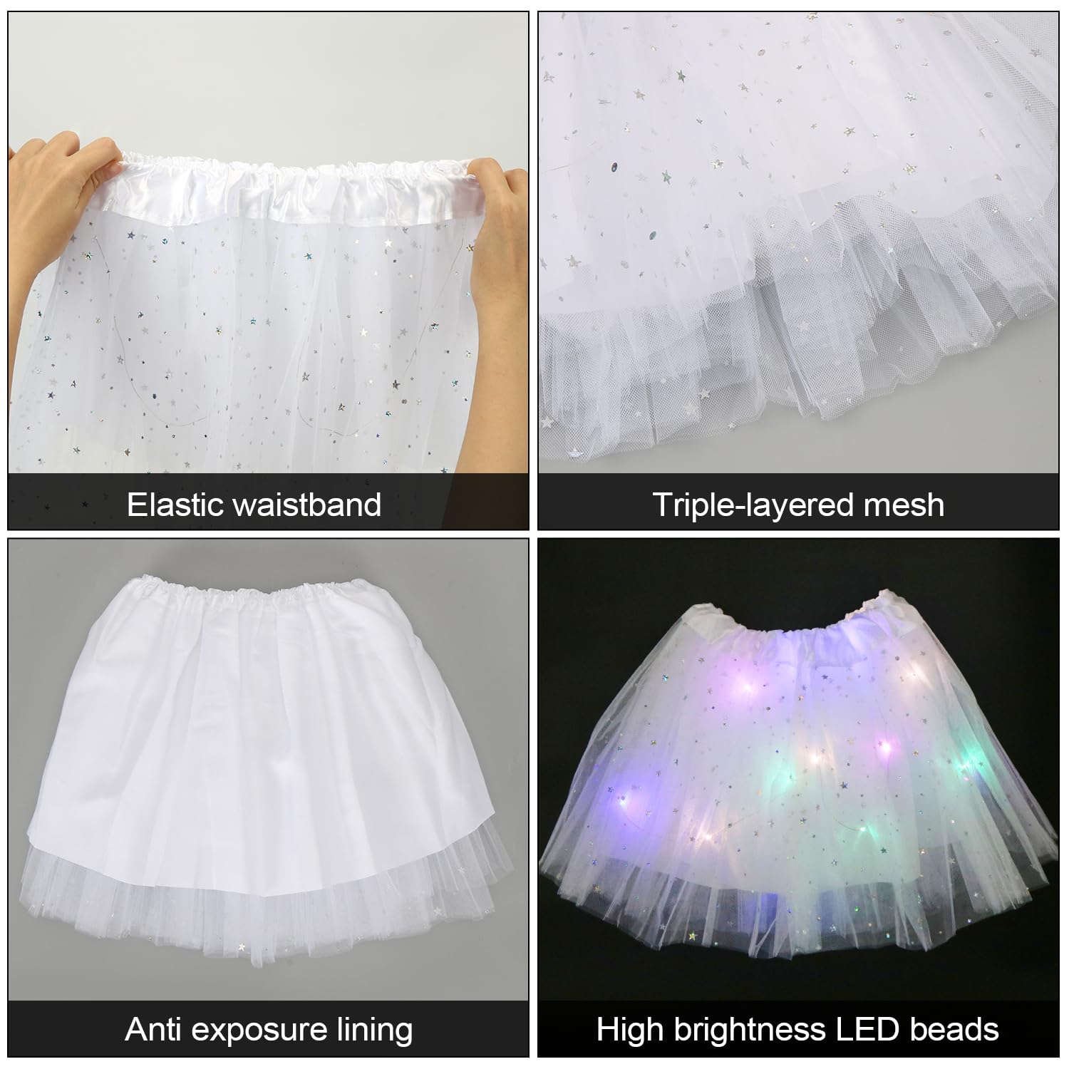 Wishstar Spódnica tiulowa dla dziewcząt, gwiazdy cekiny sukienka do tańca, 30 cm elastyczna mini spódnica z diodami LED, dla dziewczynek spódniczka baletowa na karnawał Halloween, sukienka baletowa
