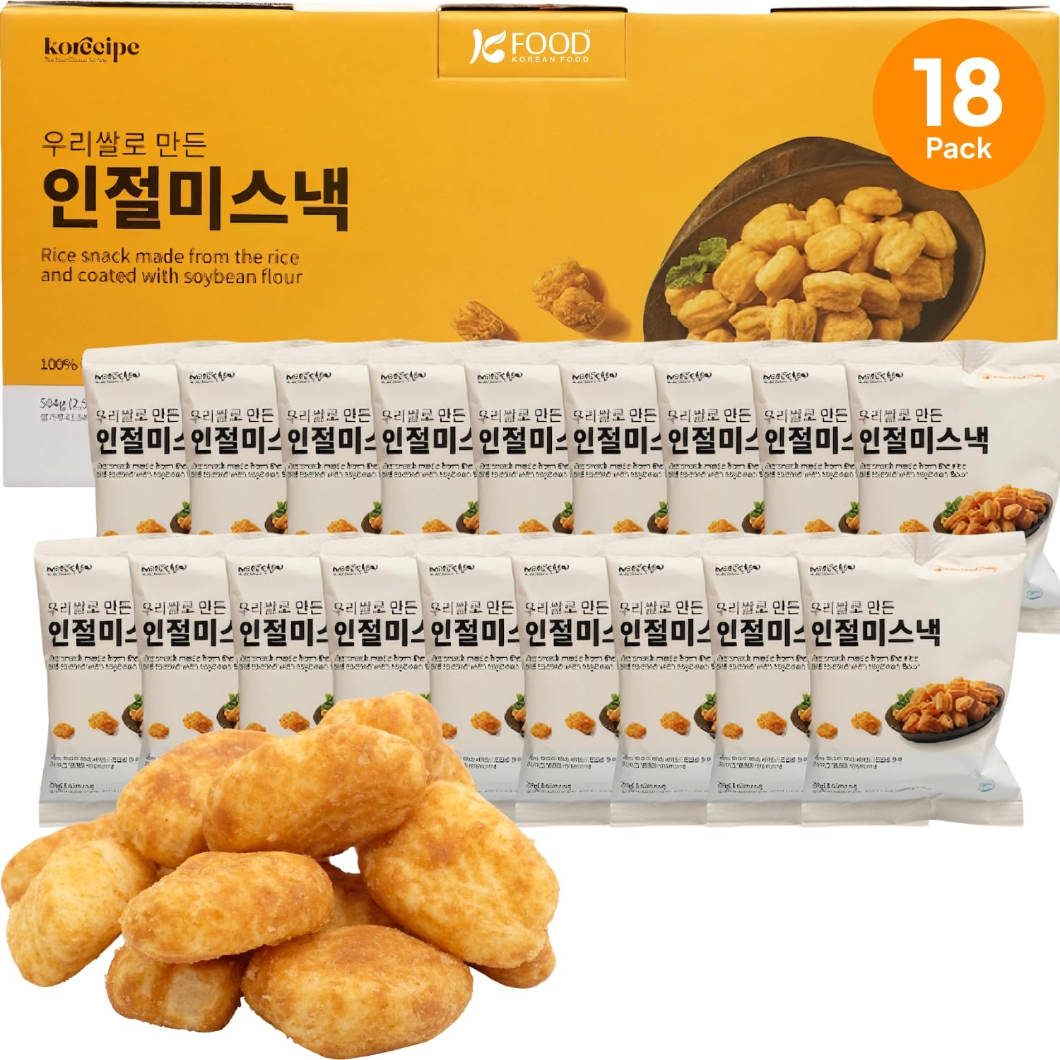 Korean Food Shinwhadang Injeolmi Rice Snack, Soybean Coating, 0.99 oz* 18Pk
