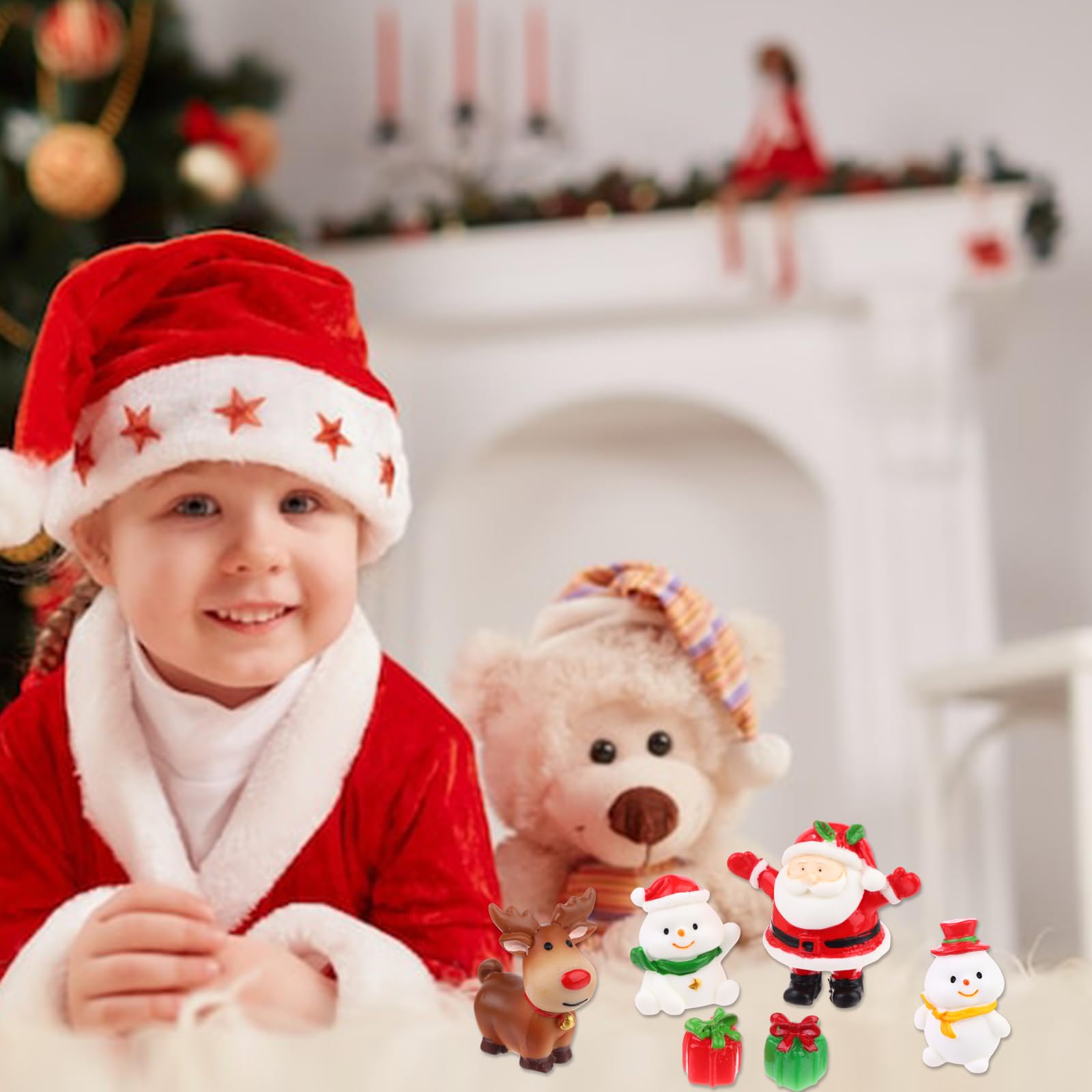 Peerless 48Pcs Christmas Miniature Figurines Christmas Desktop Decor Xmas Resin Ornaments Mini Crafts Resin Santa Claus Snowman Elk Christmas Tree Bell Red Hat Socks Xmas Tree Ornaments Kit - Image 4