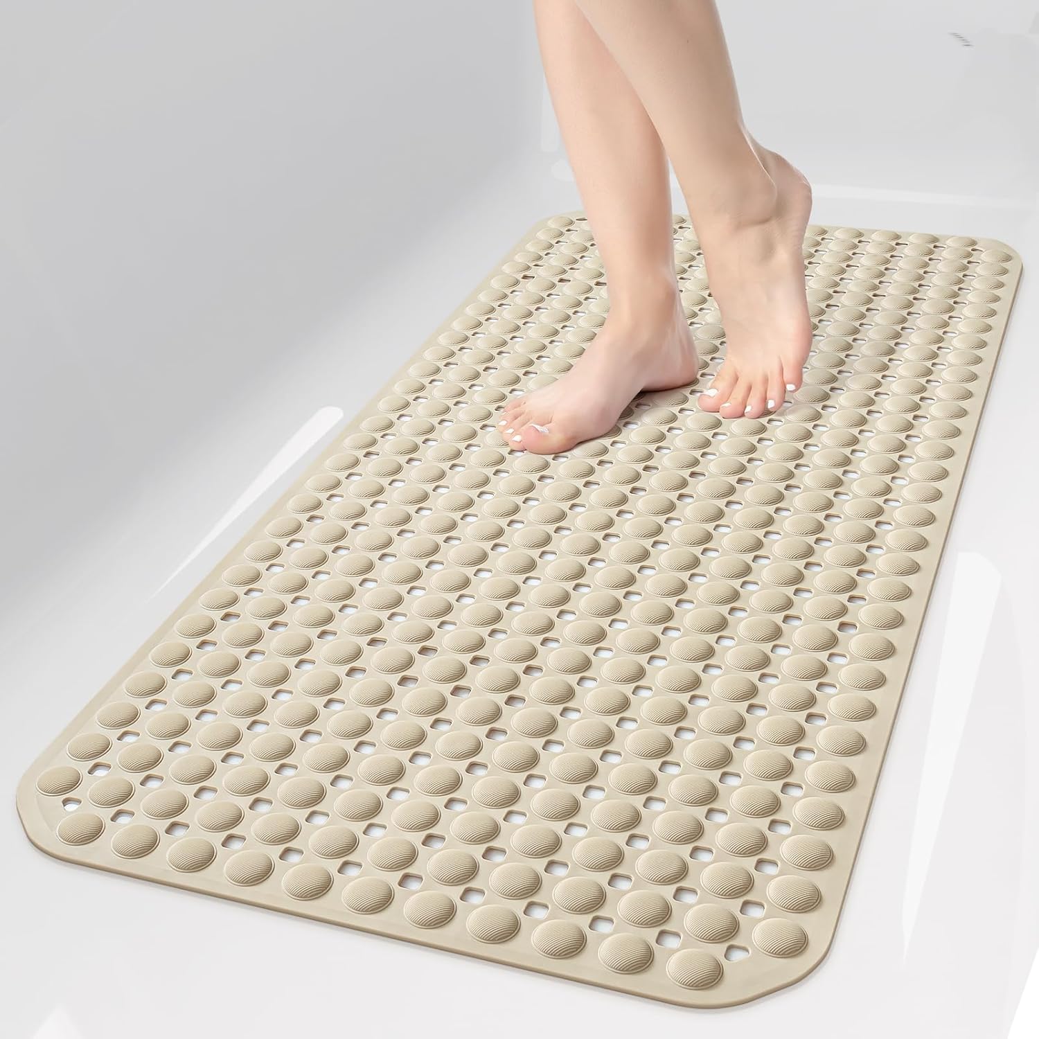 OTHWAY Bath Tub Shower Mat Non Slip, Bathtub Floor Liner Mats for Inside Shower Bathroom, Suction Cups and Drain Holes for Feet Scrubbing, Machine Washable, Soft on Feet, 35×16 Inch, Brown