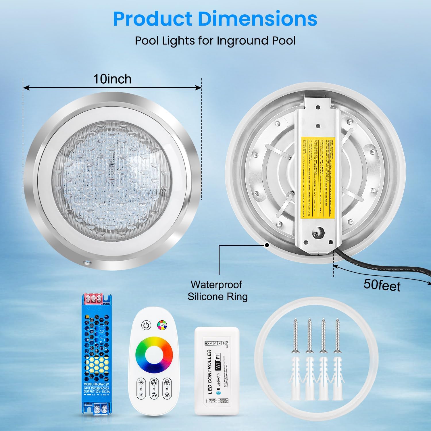 10 Inch Led Pool Lights for Inground Pool, 16 Million RGB Multicolor 12V DC Inground Pool Light, App & Remote Controller, 50 feet Cord,304 Stainless Steel,IP68, Perfect for Pool Parties, Pesorts
