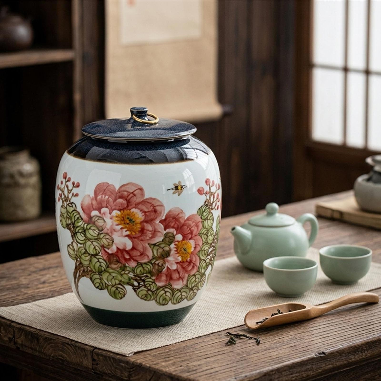 Barattolo per Riso in Ceramica con Coperchio, Grande Contenitore | Porcellana per Grano e Farina, Barattolo da Cucina per Piano di Lavoro, Decorazione Floreale Stile Asiatico