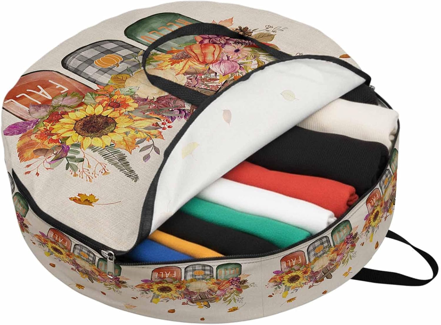 Fall Thanksgiving Round Storage Bag 36 Inch, Pumpkin Sunflowers Linen Texture Clothes Storage Container with Handles Heavy Duty Organizer for Comforter, Bedding & Holiday Wreaths