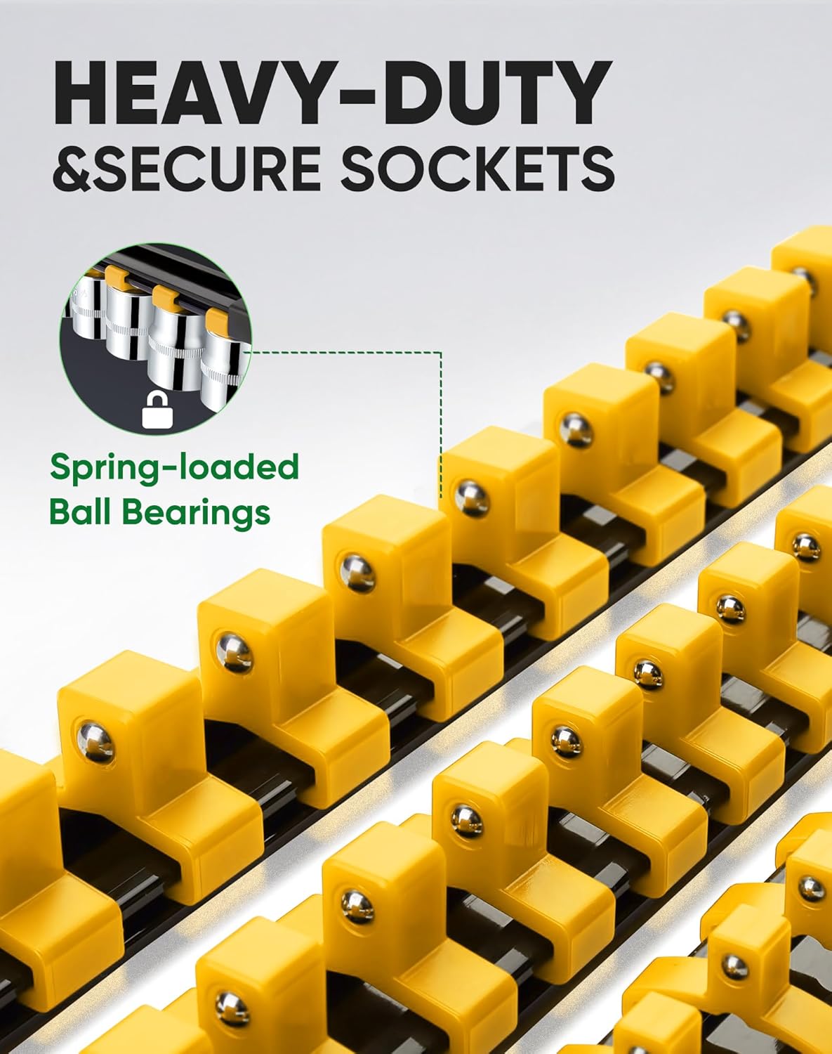 ALOANES 9PC ABS Socket Organizer, Socket Rails Fit 1/2 inch, 3/8 inch and 1/4 inch Drive, Heavy Duty Socket Holders Hold up to 129 Sockets, Black Rails with Yellow Clips