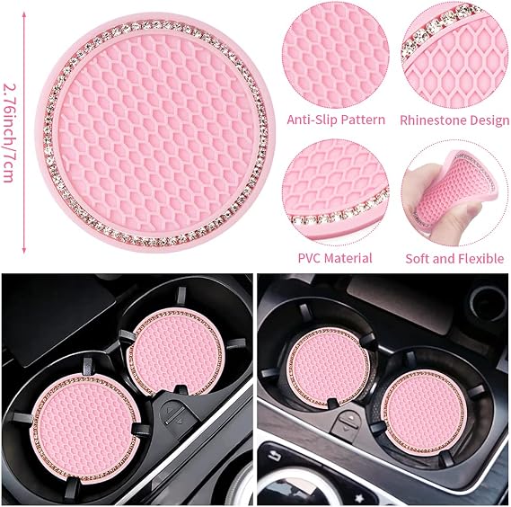BUDDE 15 Pack Pink Car Accessories Set for Women - Bling Head Rest Rings, Adapter Charger, Hangers, Cup Coaster, Tire Valve Covers, Ignition Ring