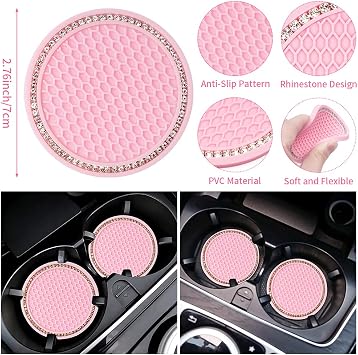 BUDDE 15 Pack Pink Car Accessories Set for Women - Bling Head Rest Rings, Adapter Charger, Hangers, Cup Coaster, Tire Valve Covers, Ignition Ring