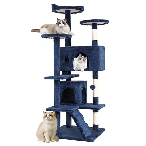 FDW Cat Tree 54in Cat Tower Multi-Level Durable Cat Scratching Post & Cozy Fun Cat Jumping Platform Space Saving Cat Condo Pet Play House for Indoor Cats,Dark Blue - Dark Blue - 54in