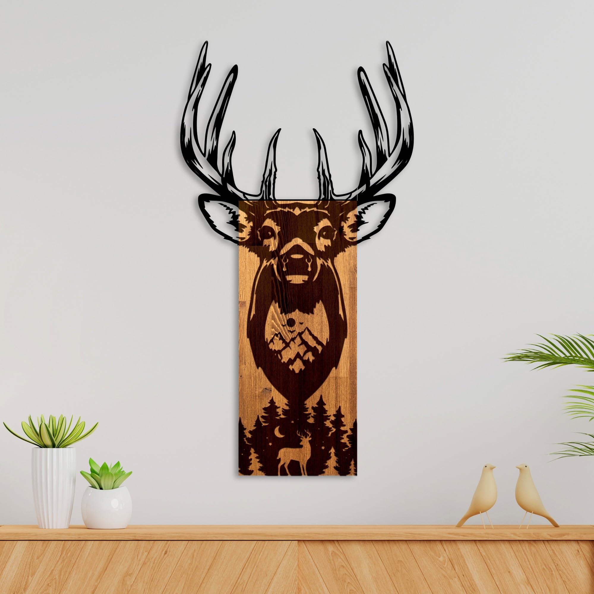 Elegant Decorative Wooden Wall Accessory, Walnut & Black, 48 x 58 x 3 cm, 50% Wood (3 cm) & 50% Metal (1.5 cm), Unique Design for Modern Spaces