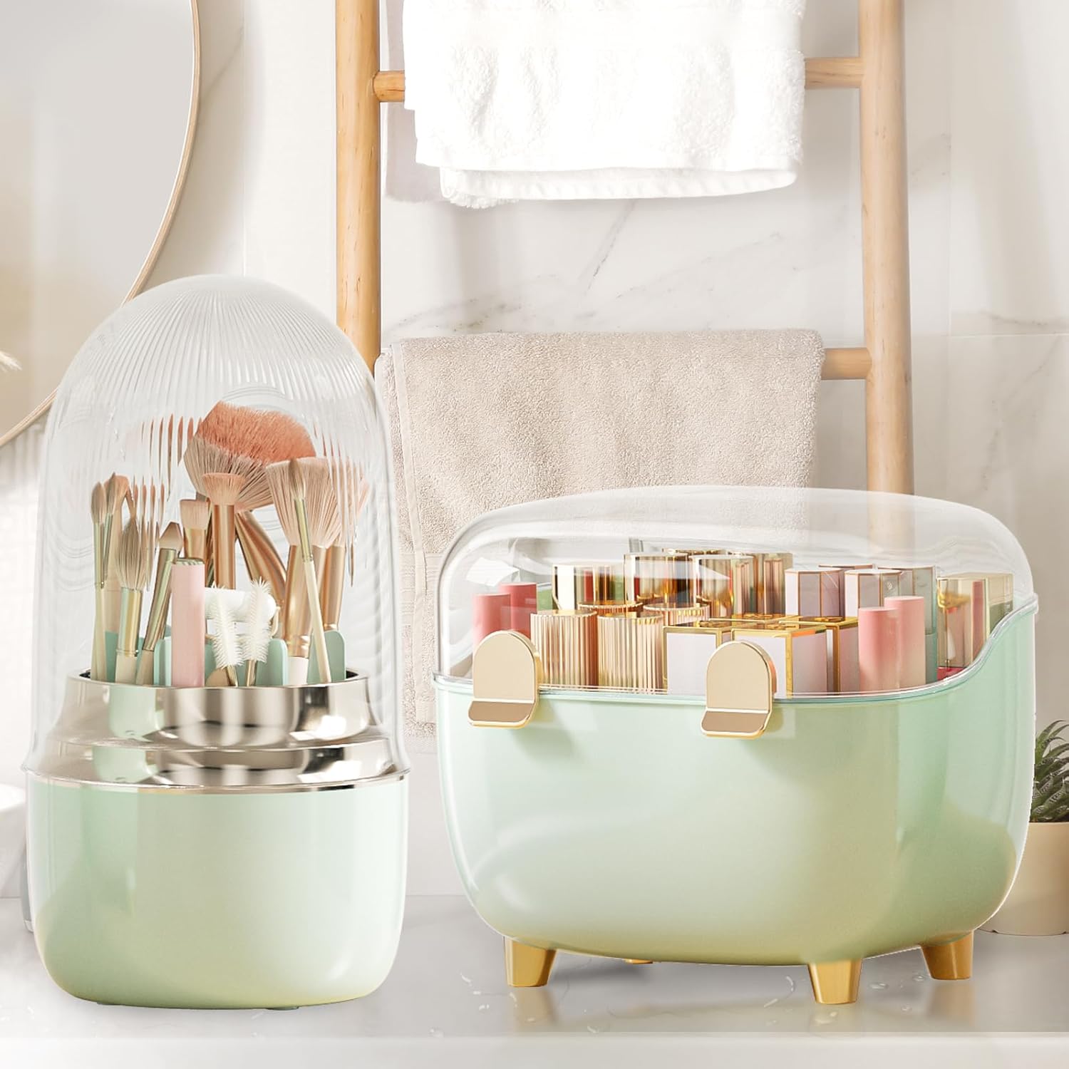 Makeup Brush Holder 360 Rotating, [Upgrade & with Cover] Makeup Brush Organizer for Vanity Countertop Bathroom (Green)