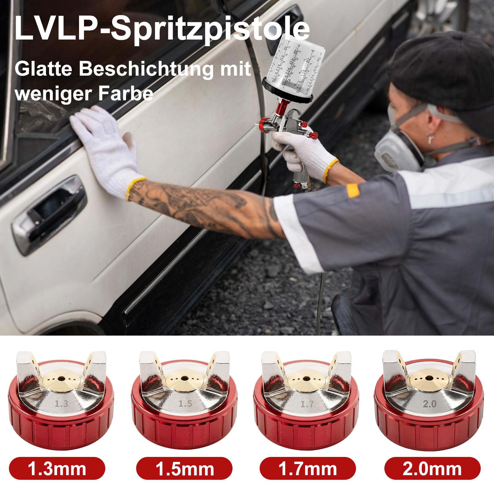 R500 LVLP Lackierpistole Spritzpistole Premium-Kit, Lackierpistole Druckluft mit 4 Düsen 1,3/1,5/1,7/2.0 mm, Farbpistole für Autos & Haus, DIY-Malerei, mit Farbsprühzubehör, Einfach zu Bedienen