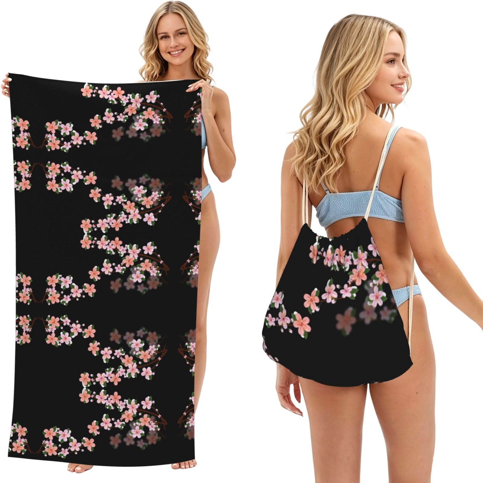 ESNAIUVCD Realistic Cherry Florals Print Beach Towel For Adults,Towel With Drawstring Bag, Travel Pool Swimming Sports Shower Sand Free Quick Dry Bath Towel For Pool, Beach, Yoga- 180x60cm