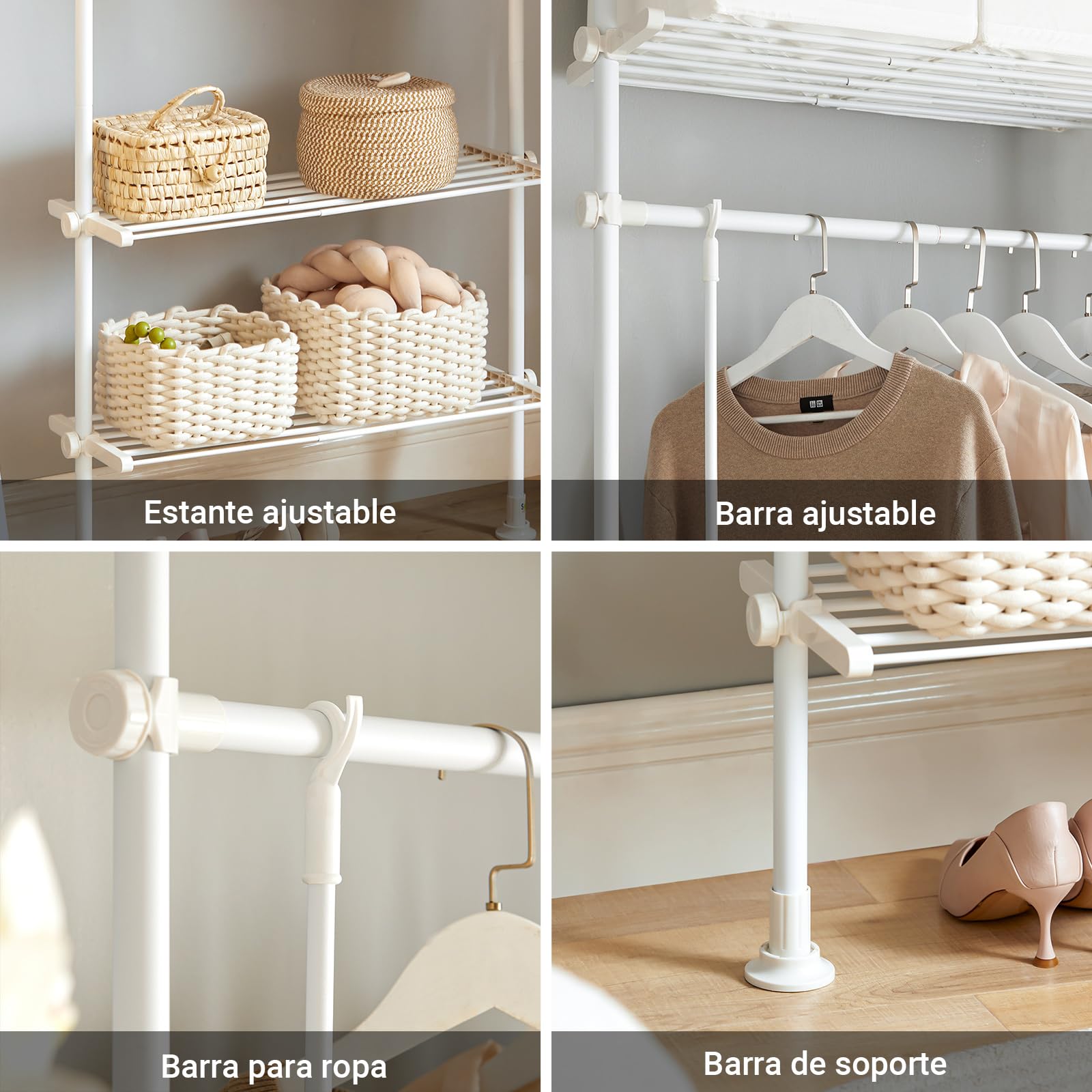 SoBuy Barra Telescópica Perchero Burro Ropa Resistente, Armario Abierto Ajustable con Barras y Estantes para Dormitorio y Vestidor, Blanco KLS07-W