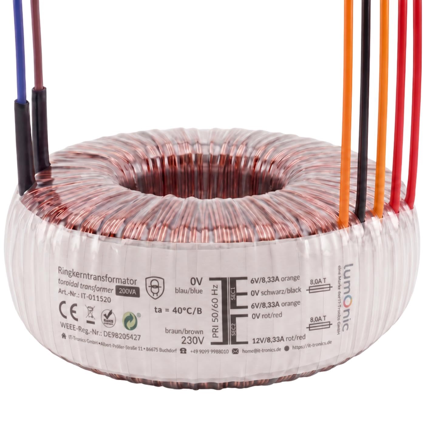 Lumonic Ringkerntrafo, 200 VA, 2x 6 V + 12 V, 230 V - Ringkerntransformator, 230 V Primär, 2x 6 V + 12 V gleichzeitig, für Verstärkerbau, Netzteile, Beleuchtung