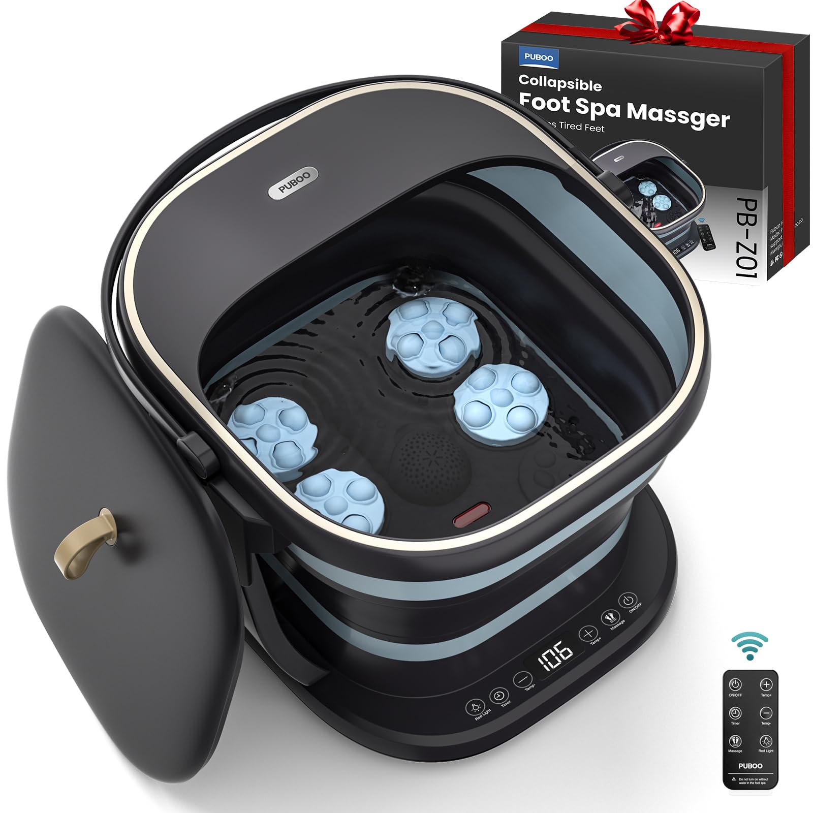 Puboo Collapsible Heated Foot Spa Bath with Remote, 95-115°F Precise Temp Control, Motorized Massage Rollers & Acupressure, Quiet <50dB, Fits US Men’s Size 11, Gift for Christmas