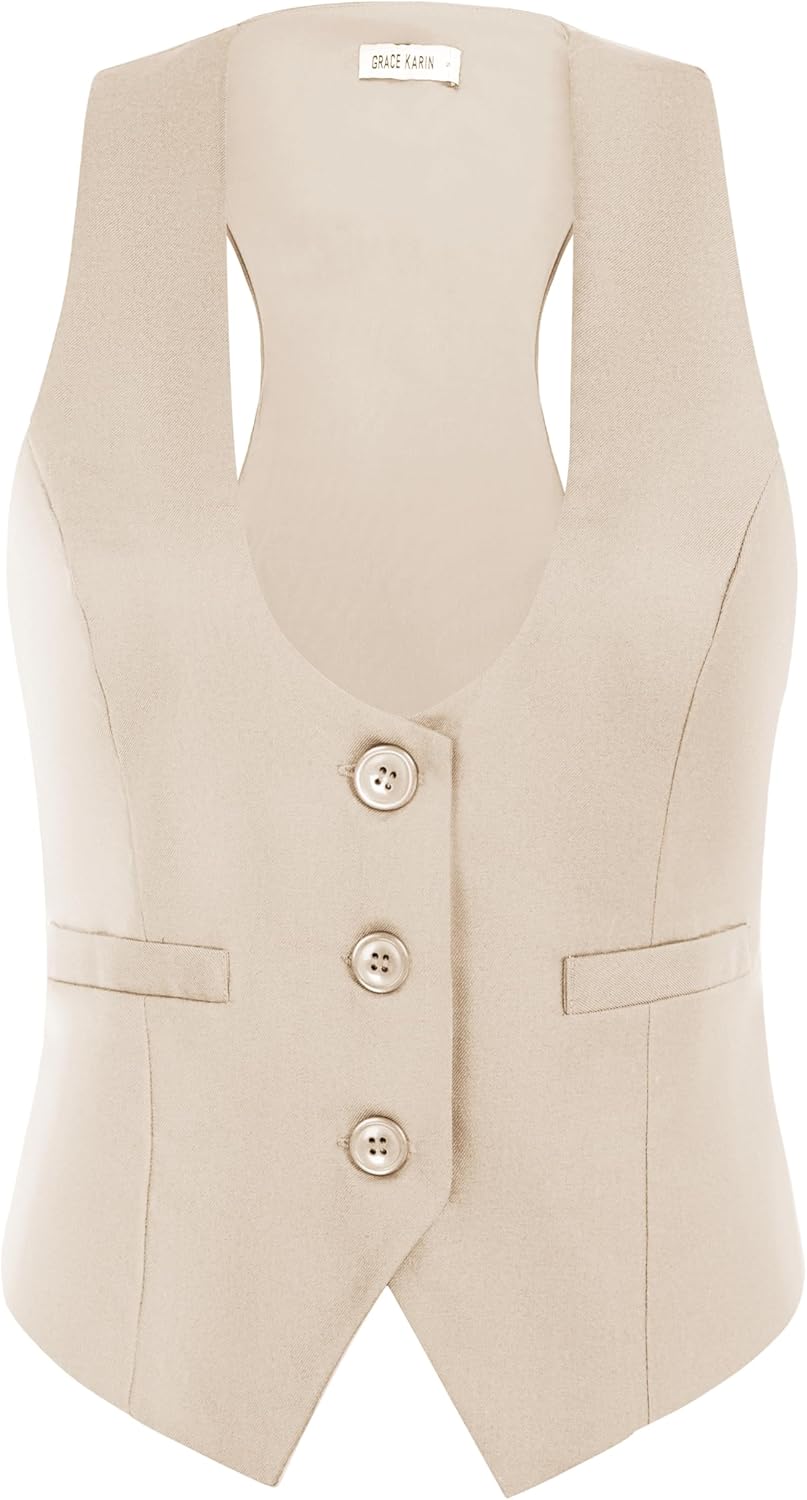 GRACE KARIN Women's Suit Vest Top, Dressy Casual Sleeveless Button Wasitcoat, Fromal Steampunk Blazer For Work Office