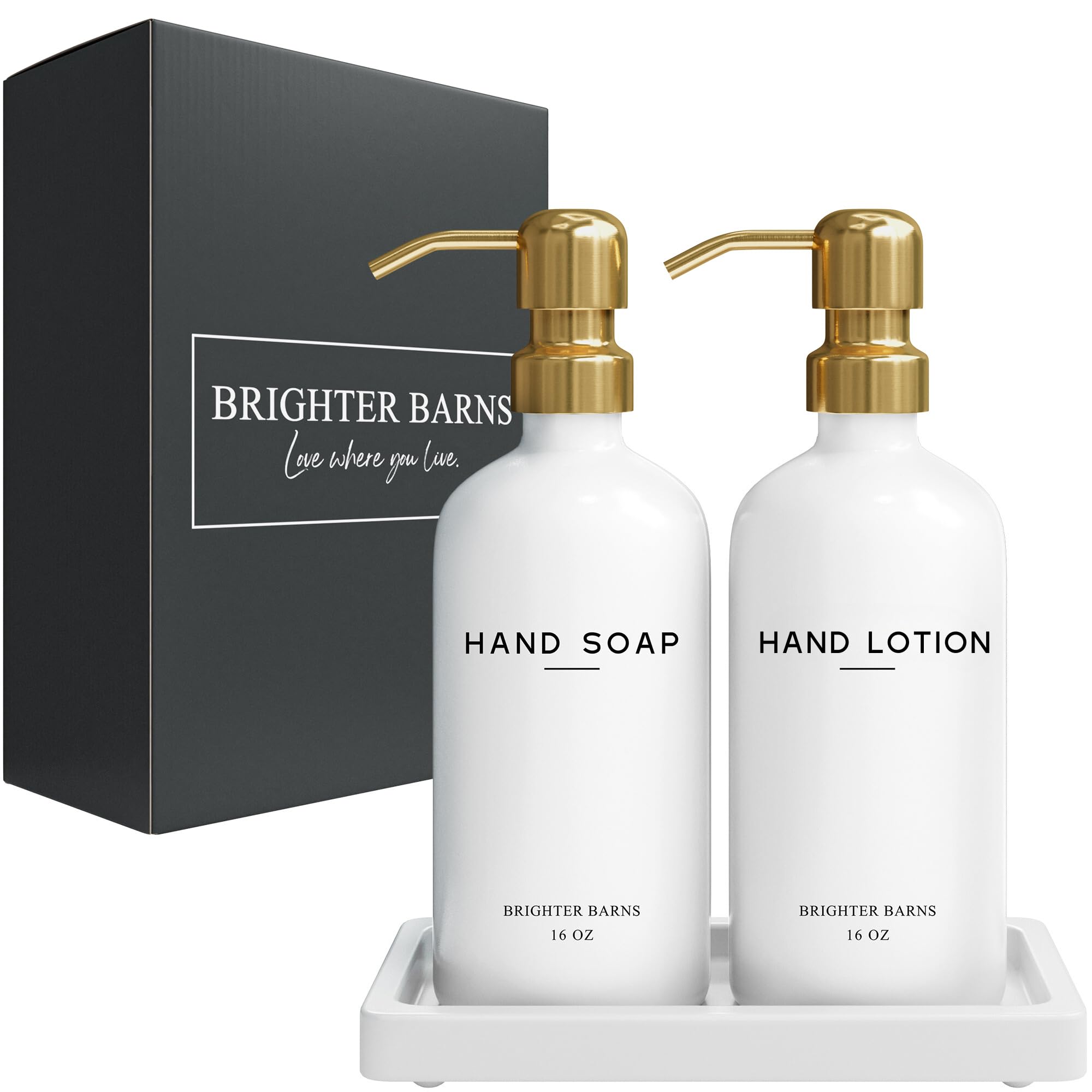 Brighter Barns - Juego de dispensador de jabón y loción de vidrio de lujo con bandeja, dispensador de jabón de manos y bomba de acero inoxidable para el hogar o Airbnb, accesorios y decoración de baño