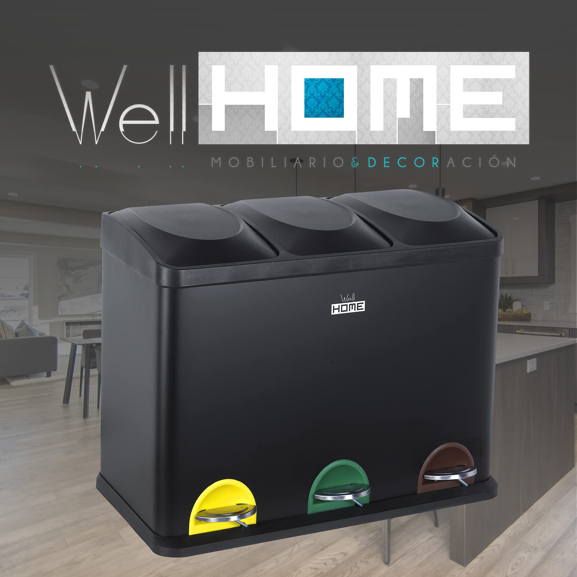 Cubo de reciclaje ecológico 45 litros de 3 compartimentos, reciclaje de basura / cubos de reciclaje, Gran Capacidad, para Papel, Vidrio y Plástico, Id
