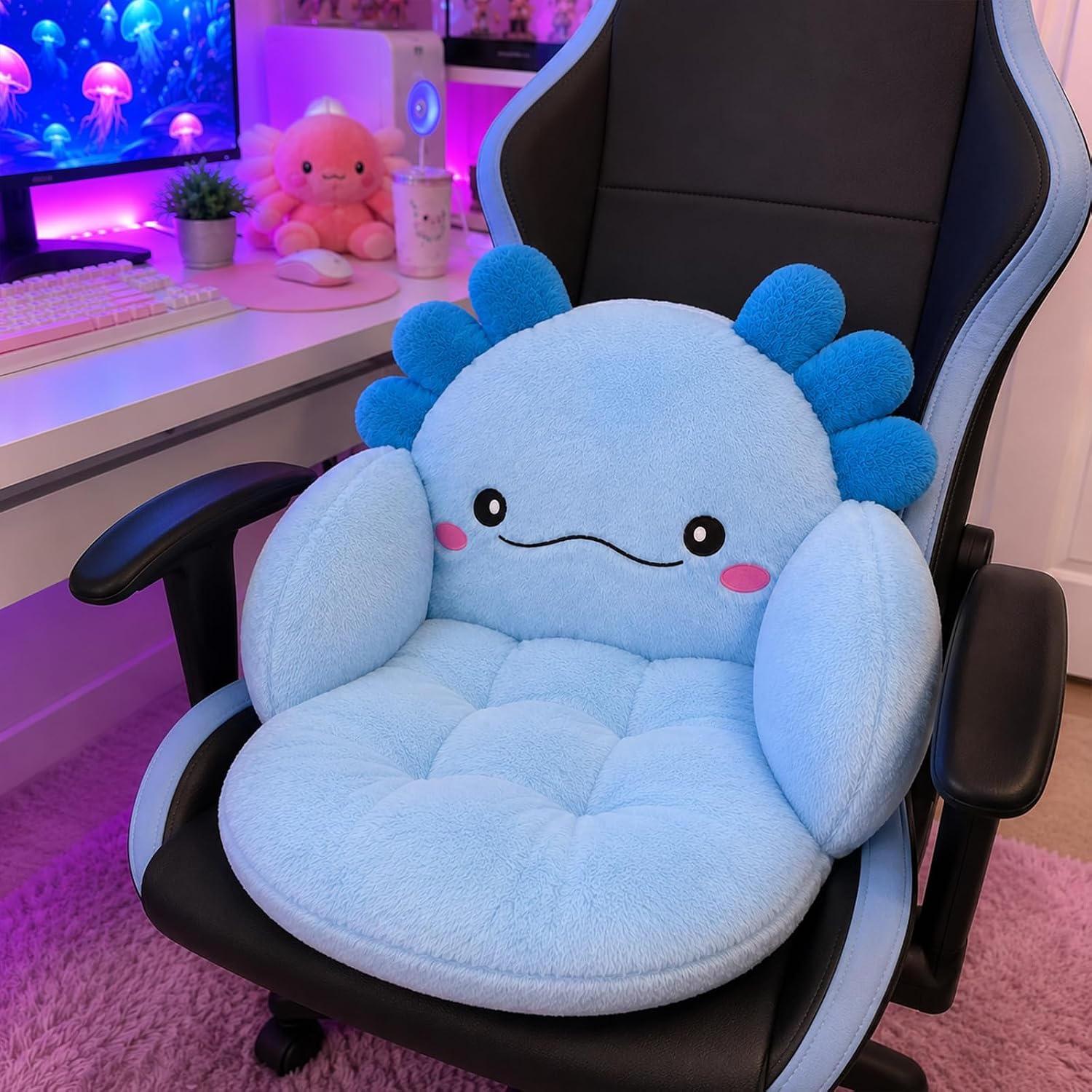 Ohjijinn Axolotl Kawaii Cushion Chair, Comfy Cartoon Plush Seat Cushion, Floor Pillow Floor Cushions, Cute Office Chair Cushion Room Decor for Girls Woman (Blue) image 2