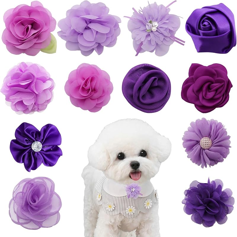 Pingentes de Flores Roxas para Coleira de Cães e Gatos em Chiffon com Elástico, Dhthdrh, Pacote com 12
