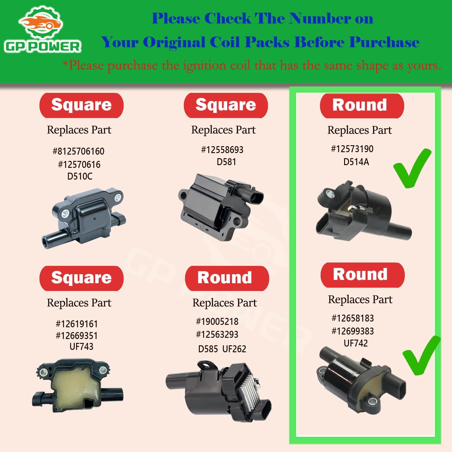 8PCS GP POWER ROUND Ignition Coil 12573190 UF414 Compatible With Chevy Cadillac GMC Camaro Corvette Silverado Tahoe Escalade Yukon Suburban Canyon Envoy Sierra H2 H3 G8 9-7X 5.0 6.0 6.2 V8