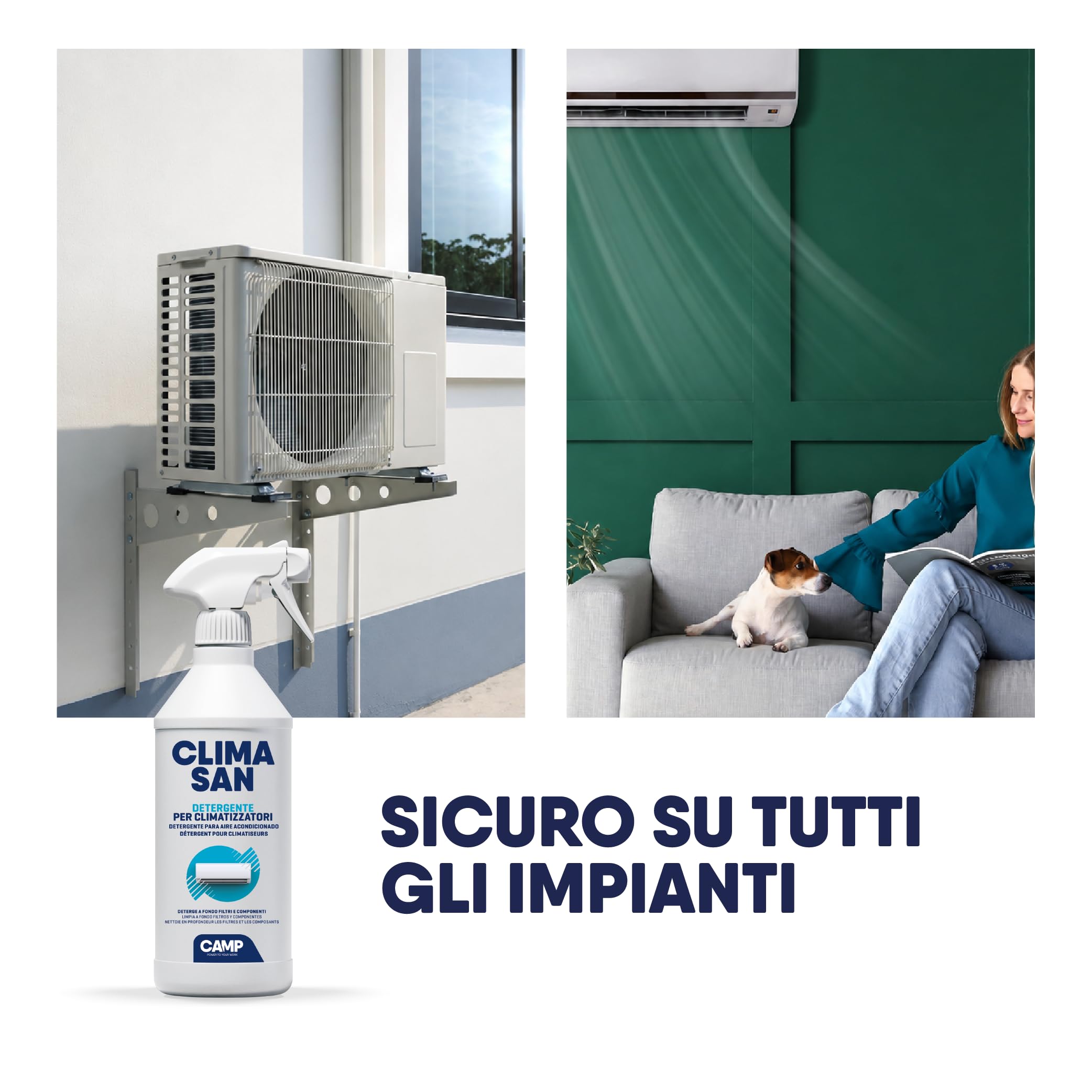 CAMP Climasan Detergente - Per Climatizzatore Specifico per Filtri e Componenti, Spray Condizionatore ad Azione Immediata, Pulisce a Fondo ed Elimina i Cattivi Odori, 750 ml