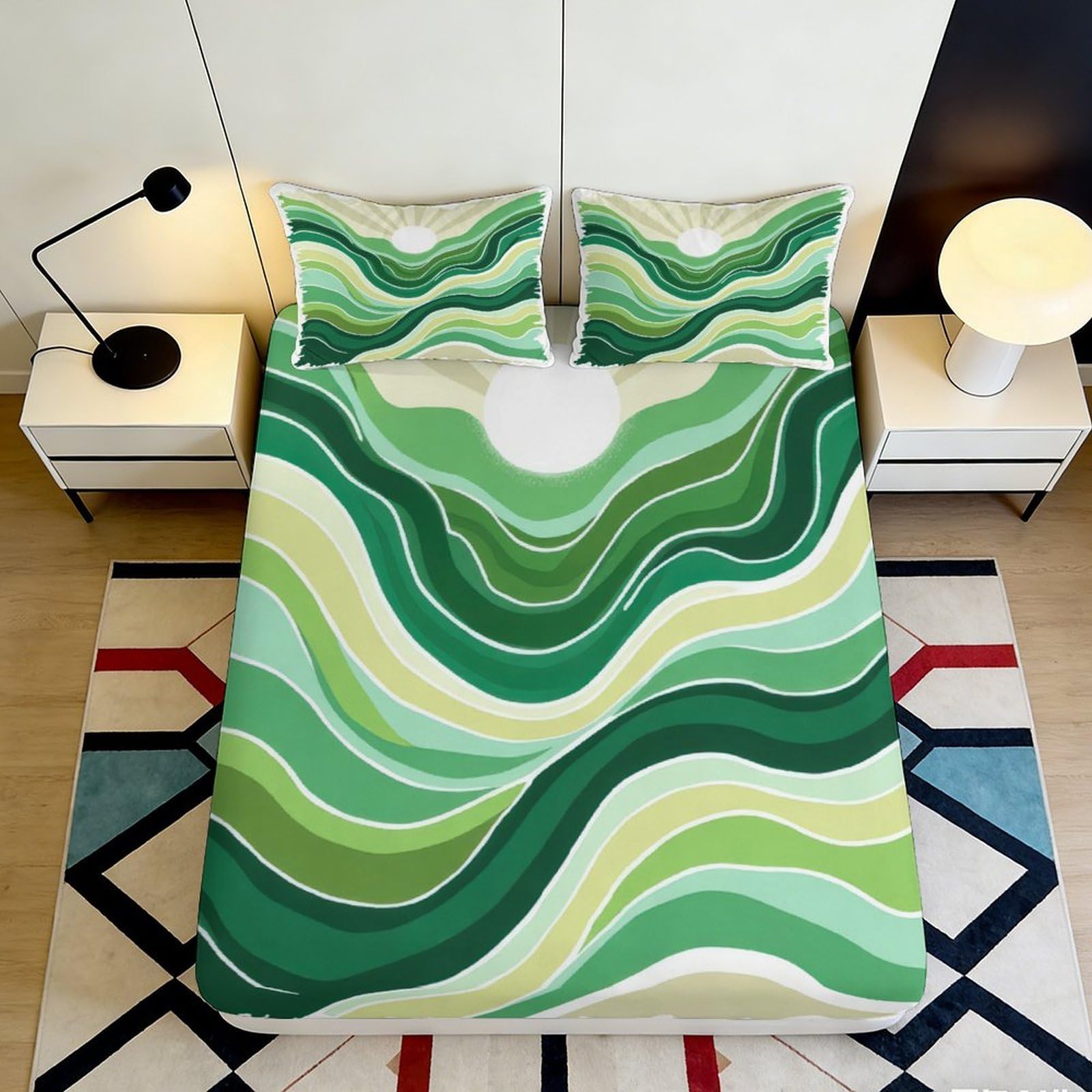 K1r3d9e5 Style-9 3D Printed Green Wave Fitted Sheet Microfiber Soft Decorative Abstract Layer Bed Cover For Bedroom Guest Room Dorm 90X200x25cm