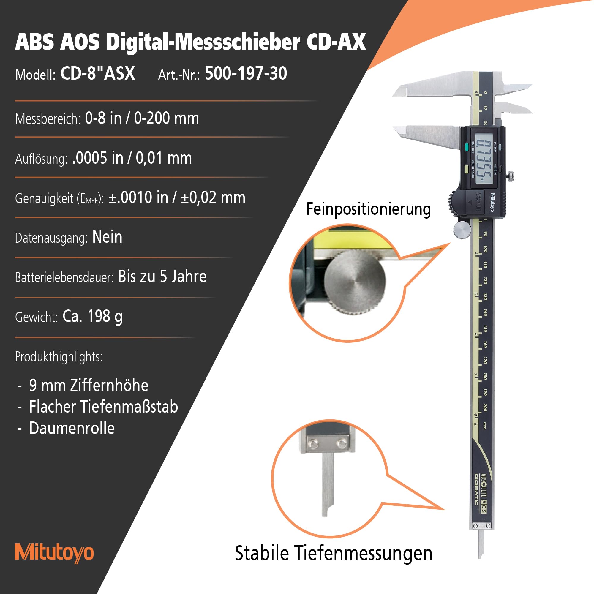 Mitutoyo 500-197-30 Digitaler ABS-AOS-Messschieber Thumb R. ohne Ausgang | 0,01 mm / .0005 in, Nullpunkt gespeichert, Antriebsrolle