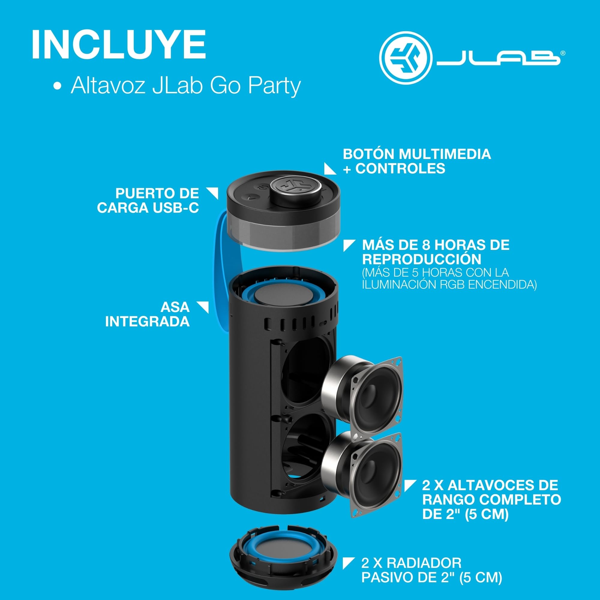 JLab Go Party Altavoz Bluetooth Portátil con 16H+ de Autonomía - Altavoz Inalámbrico 10W para Exterior y Viajes con Luces RGB y Sonido Lab Quality, Resistente al Agua IP56, Negro