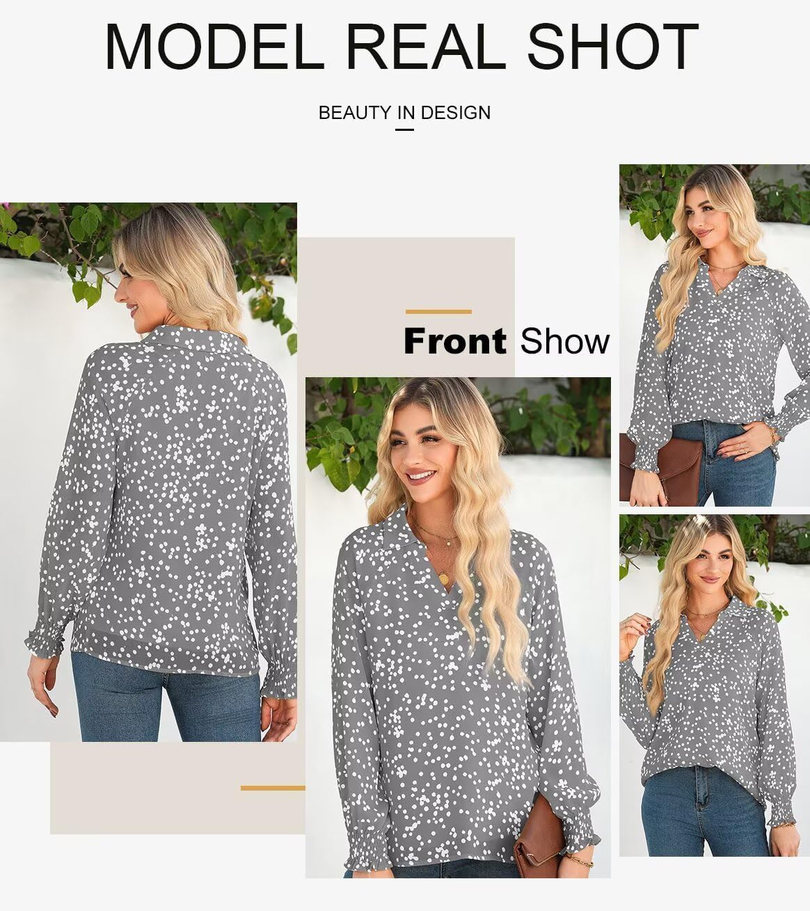 Astylish Women's Trendy Polka Dot Alicia Floral Blouses Long Sleeve Shirts Chiffon V Neck Bohemian Collared Tops - Image 4