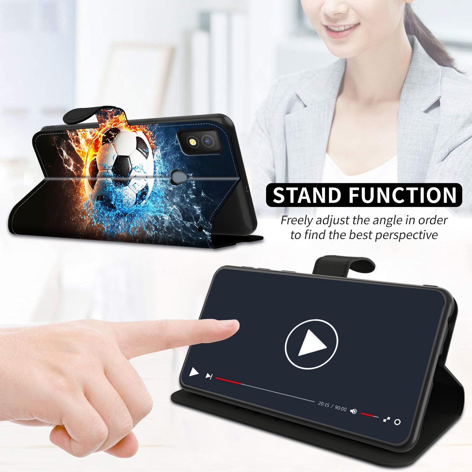 AIRWEE for Cricket Icon 4 Wallet Case with RFID Blocking, Flip Cover with Kickstand Card Slot, Shockproof Full Protection and Wrist Strap for Cricket Icon4 WTCKT01 Case Wallet, Soccer Ball