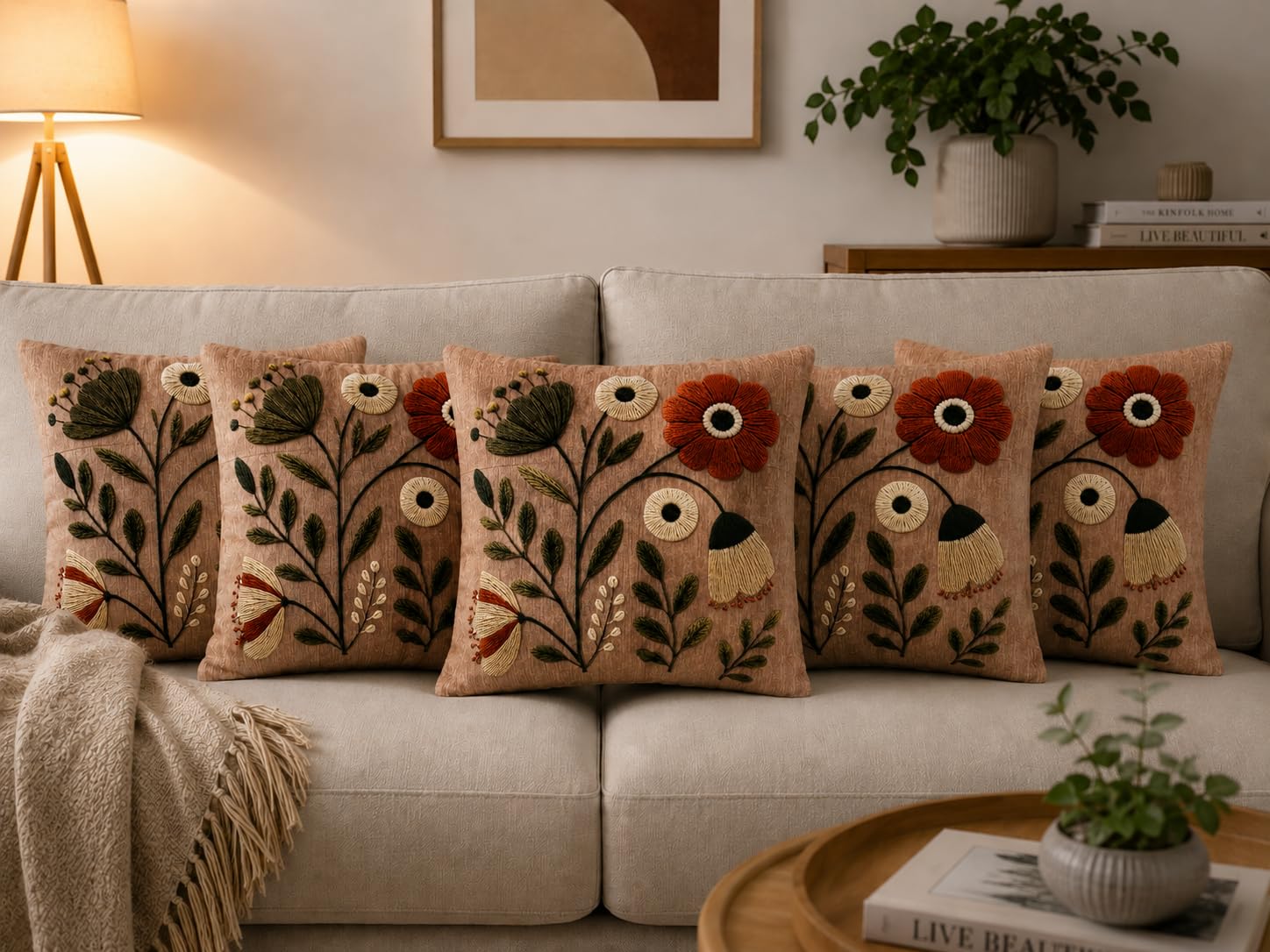IM FAB Flower Digital Prnted Velvet Decorative Throw Cushion Cover 16X16 Inches Set of 5 Pcs (Beige)-image-10