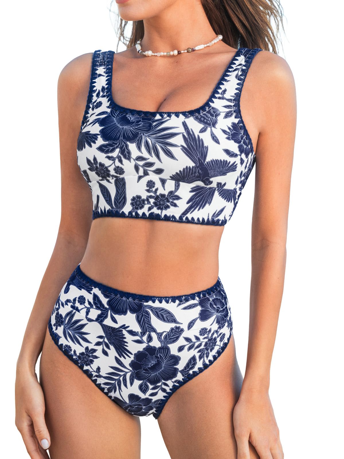 CUPSHE Bikinisets voor dames, tweedelig badpak, ronde hals, tank, brede